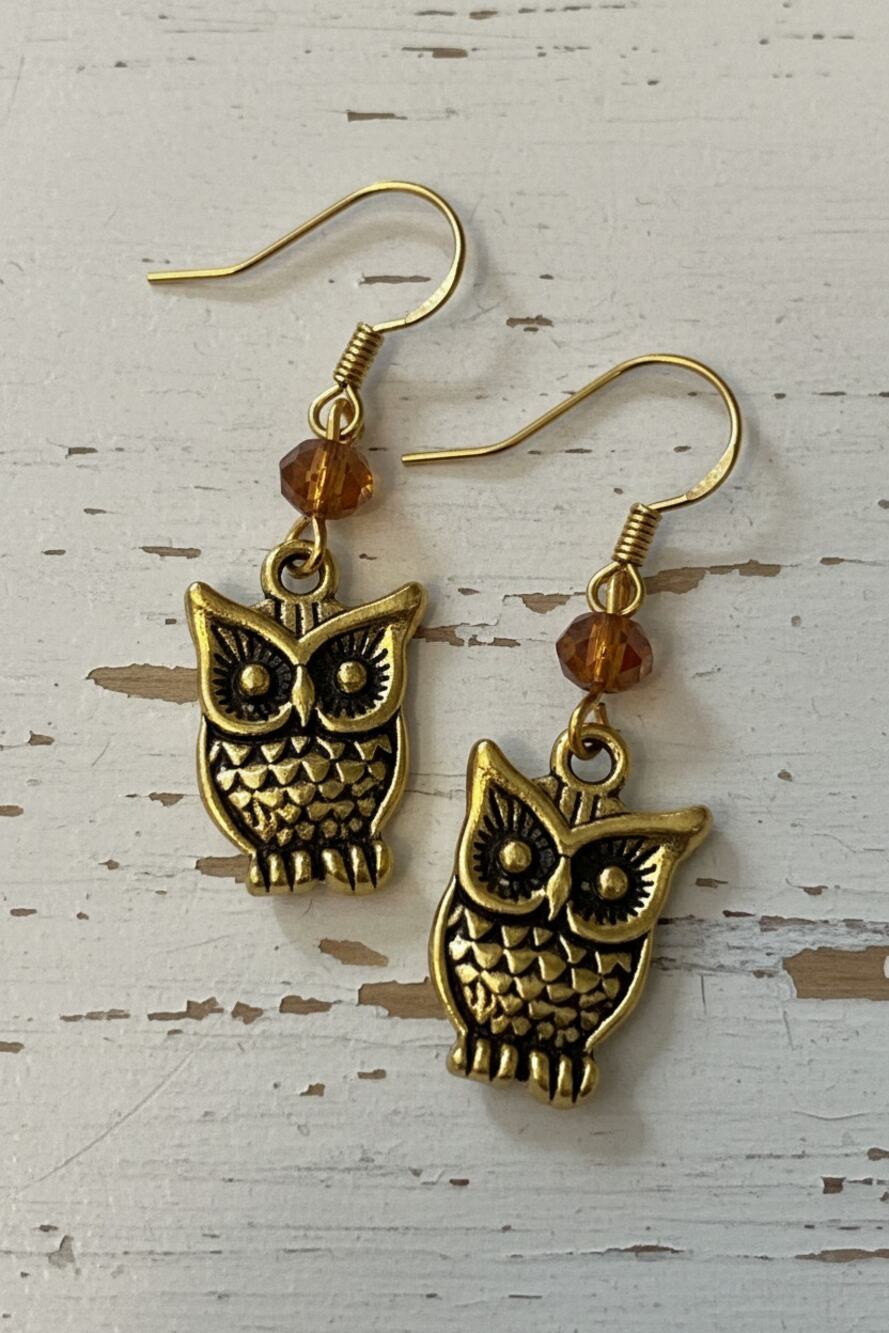Owl Charms Dangle Earrings Gold Tone Hypoallergenic Ear Wires Amber Crystal